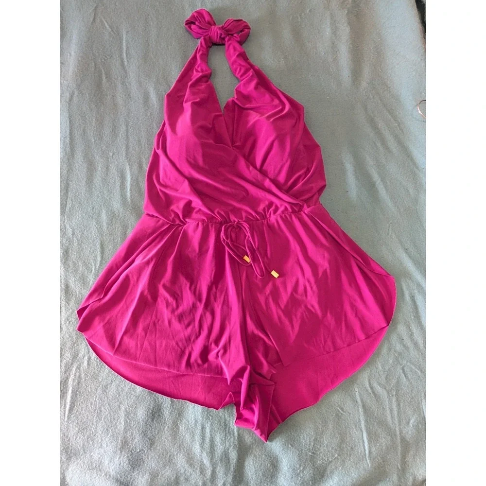 MagicSuit Bianca Romper Swimsuit Size 16 Women's 1 PC Halter Hibiscus Pink NEW